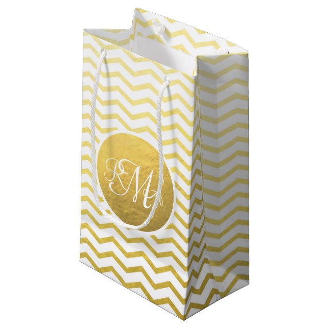 Gold and White Chevron Monogrammed Personalized Small Gift Bag (Front Angled)