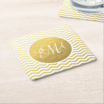 Gold and White Chevron Monogrammed Personalized Square Paper Coaster