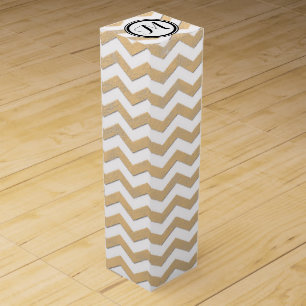 Gold and White Chevron Zigzag With Monogram Wine Gift Box