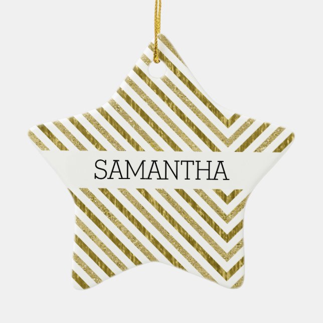 Gold and White Chic Chevron Ceramic Ornament (Front)