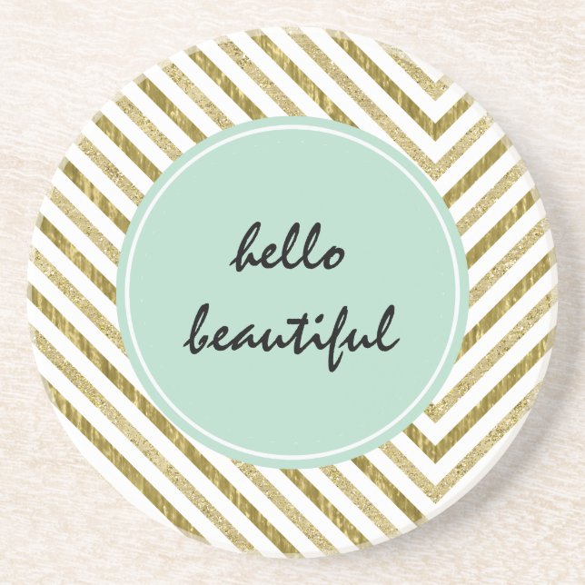 Gold and White Chic Chevron Personalized Coaster (Front)