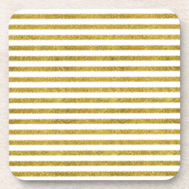Gold and White Chic Stripes Beverage Coaster (Front)