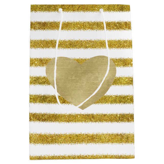 Gold and White Chic Stripes Heart Medium Gift Bag (Front)