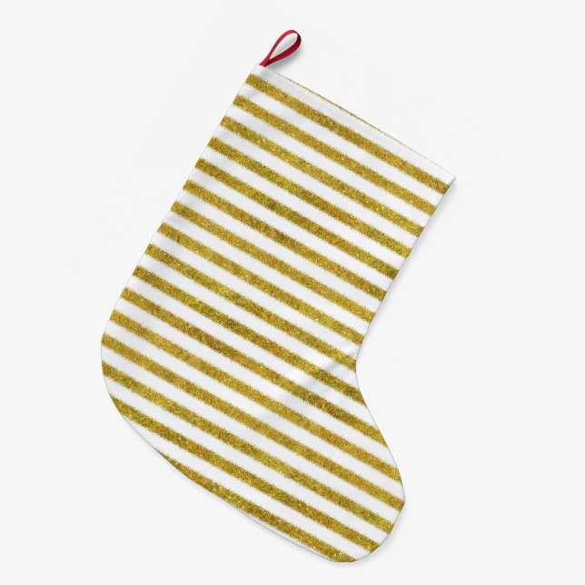 Gold and White Chic Stripes Large Christmas Stocking (Front (Hanging))