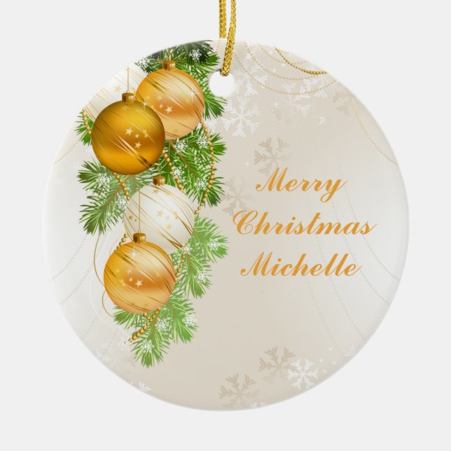 Gold and White Christmas Balls Ceramic Ornament (Front)