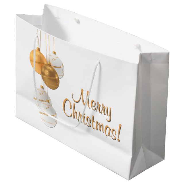 Gold and White Christmas Balls Custom Text Large Gift Bag (Front Angled)