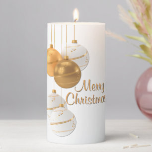 Gold and White Christmas Balls Custom Text Pillar Candle