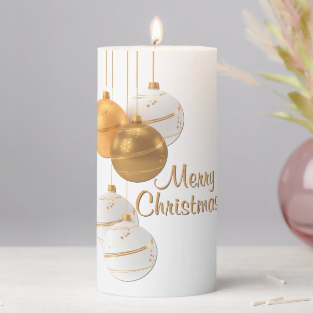 Gold and White Christmas Balls Custom Text Pillar Candle (In Situ)