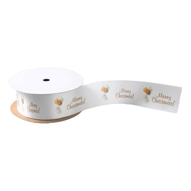 Gold and White Christmas Balls Custom Text Satin Ribbon (Spool)