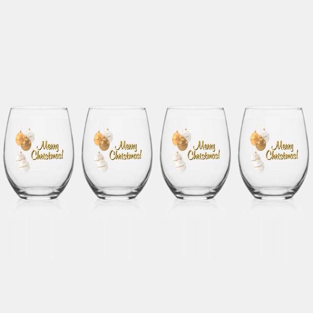 Gold and White Christmas Balls Custom Text Stemless Wine Glass (Front)