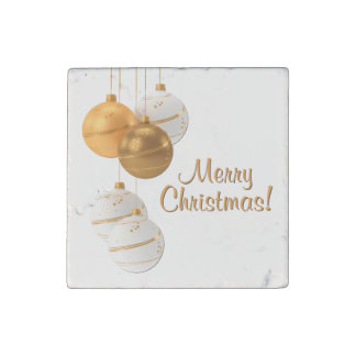 Gold and White Christmas Balls Custom Text Stone Magnet