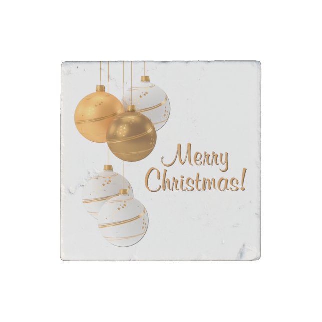 Gold and White Christmas Balls Custom Text Stone Magnet (Front)