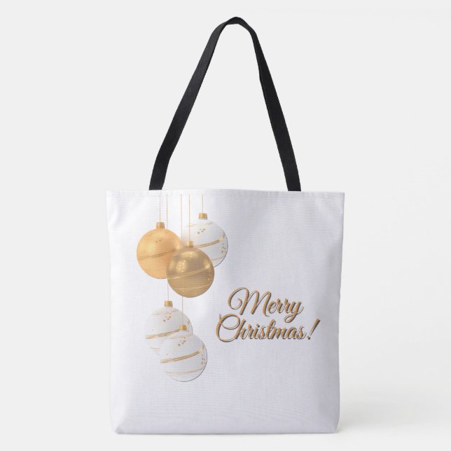 Gold and White Christmas Balls Custom Text Tote Bag (Front)