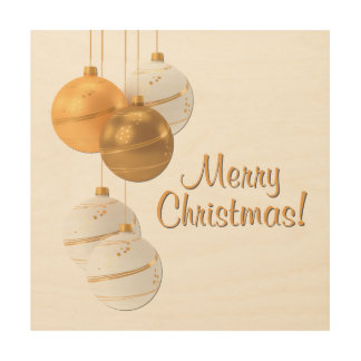 Gold and White Christmas Balls Custom Text Wood Wall Art
