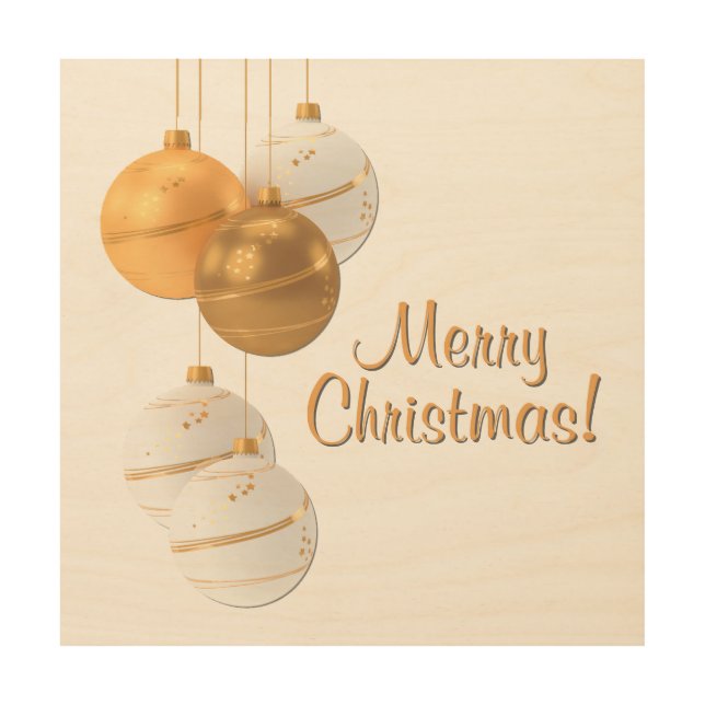 Gold and White Christmas Balls Custom Text Wood Wall Art (Front)