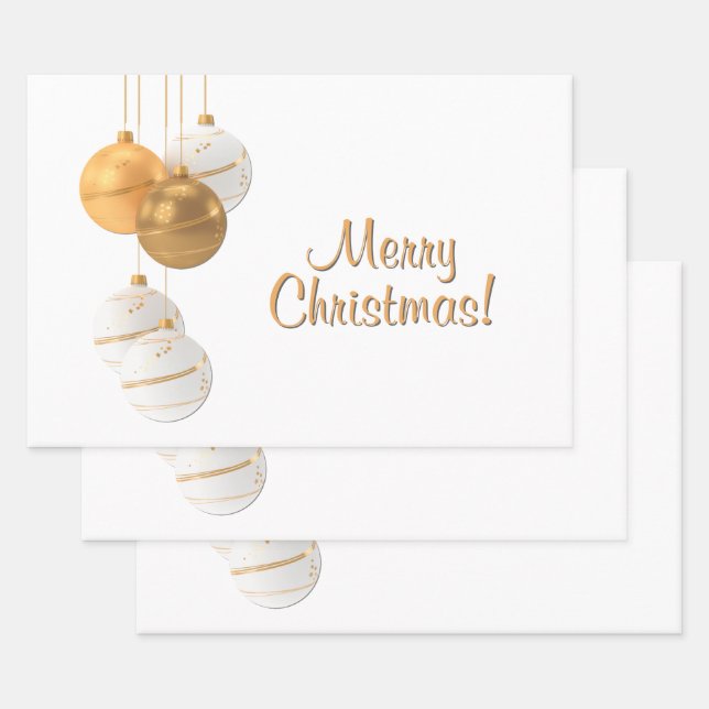 Gold and White Christmas Balls Custom Text Wrapping Paper Sheets (Set)