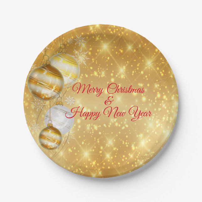 Gold And White Christmas Balls Paper Plates (Front)