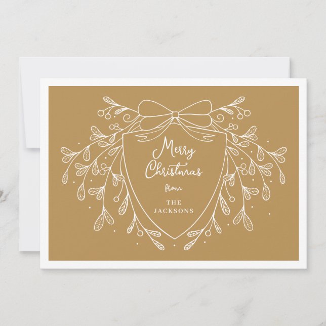Gold and white Christmas crest and mistletoe Holiday Card (Front)