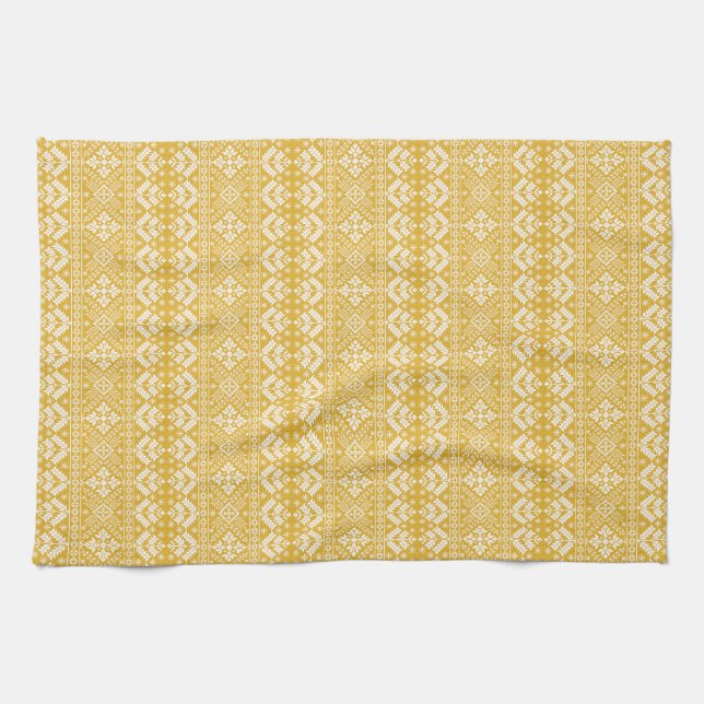 Gold and White Christmas Fair Isle Pattern Kitchen Towel (Horizontal)