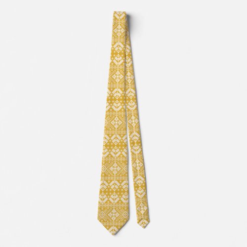 Gold and White Christmas Fair Isle Pattern Neck Tie
