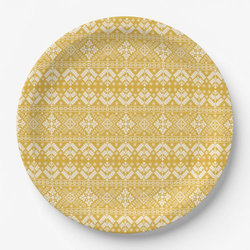 Gold and White Christmas Fair Isle Pattern Paper Plates