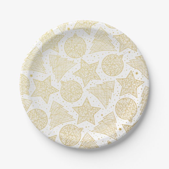 Gold and White Christmas Pattern Paper Plates (Front)
