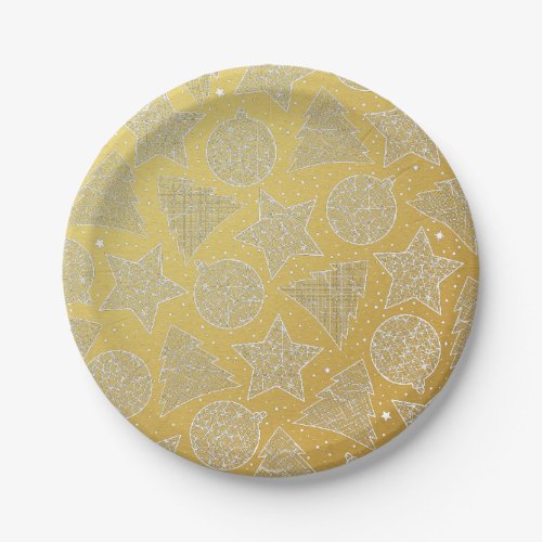 Gold and White Christmas Pattern Paper Plates