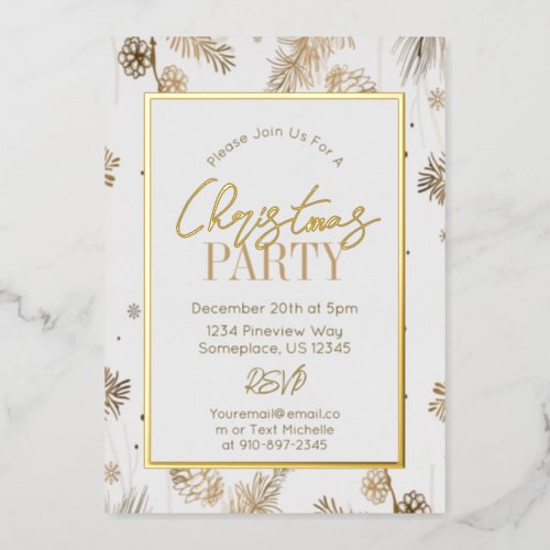 Gold and White Christmas Pine Cones Botanical  Foil Invitation