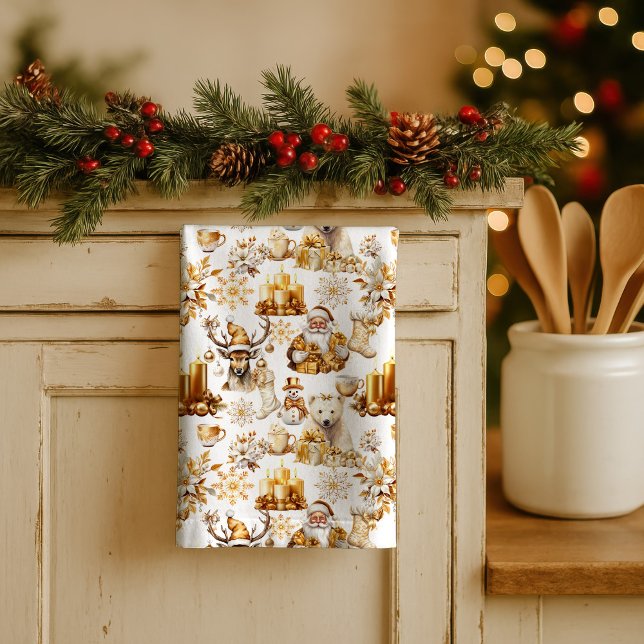 Gold and White Christmas Symbols Kitchen Towel (Creator Uploaded)