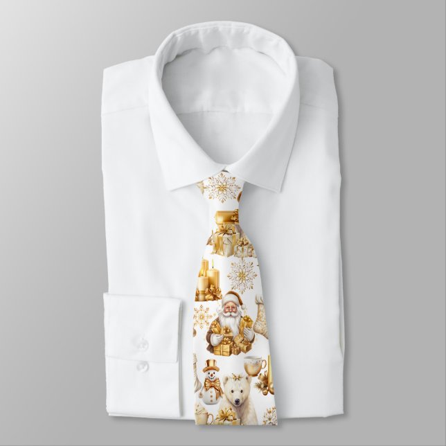 Gold and White Christmas Symbols Neck Tie (Tied)