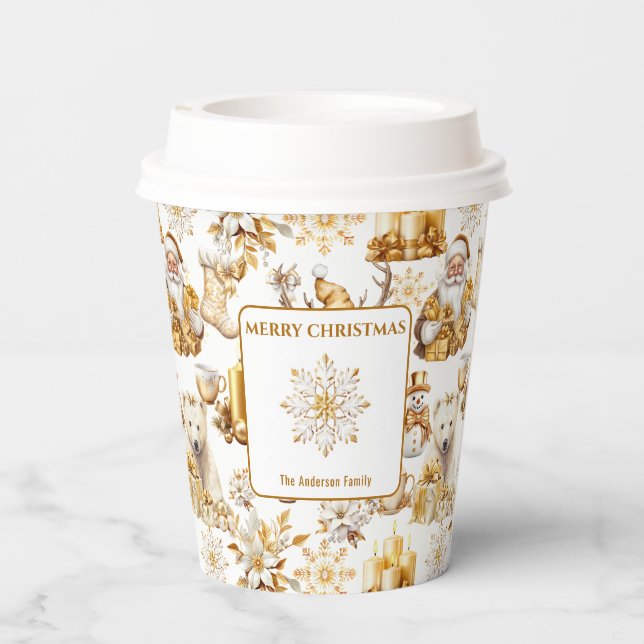 Gold and White Christmas Symbols Paper Cups (Back)