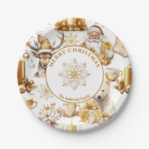 Gold and White Christmas Symbols Paper Plates