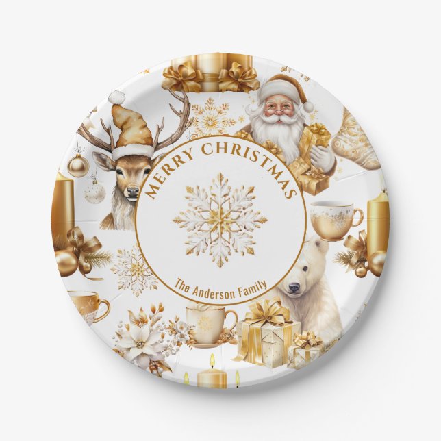 Gold and White Christmas Symbols Paper Plates (Front)