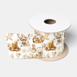 Gold and White Christmas Symbols Satin Ribbon