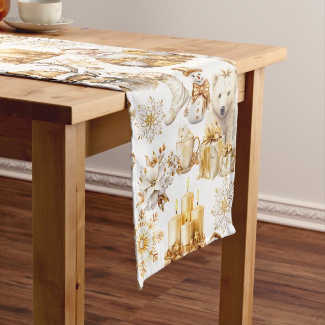 Gold and White Christmas Symbols Short Table Runner (In Situ)