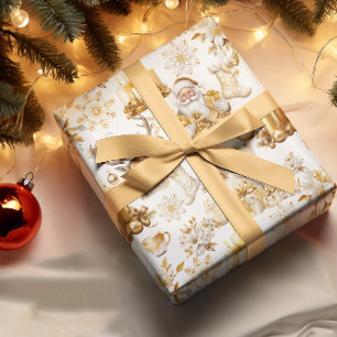 Gold and White Christmas Symbols Wrapping Paper