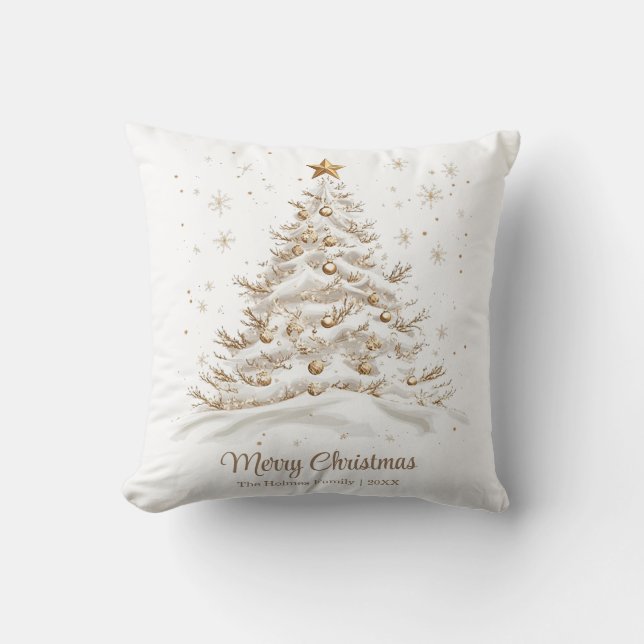 Gold and White Christmas Tree in Snow Throw Pillow (Front)