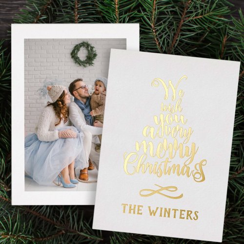 Gold and White Christmas Tree Lettering Photo Foil Holiday Card