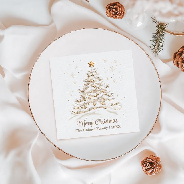 Gold and White Christmas Tree with Family Name Napkins (Gold and White Christmas Tree with Family Name Napkins on a white Christmas table.)