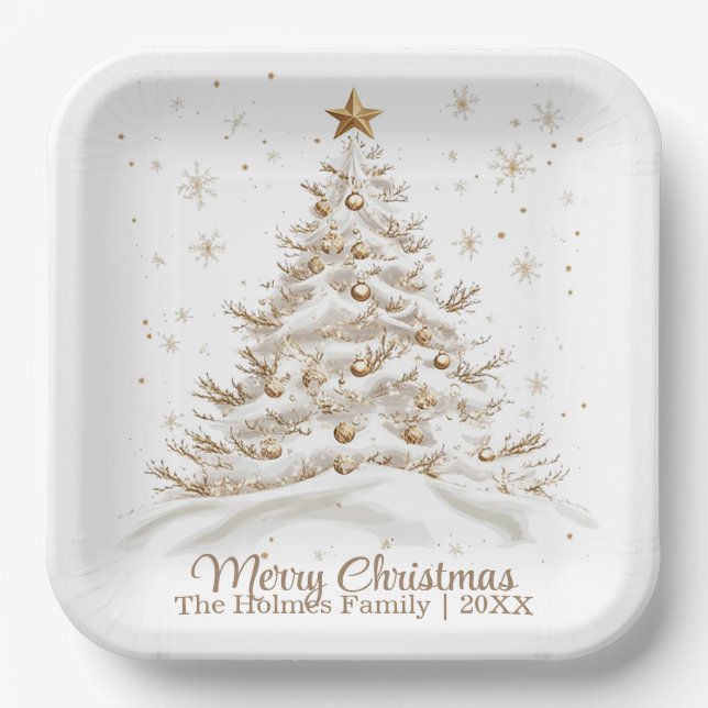Gold and White Christmas Tree with Family Name Paper Plates (Front)
