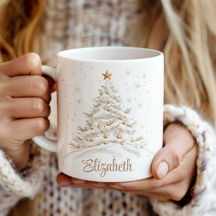 Gold and White Christmas Tree with Name Coffee Mug