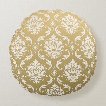 Gold And White Classic Damask Round Pillow by DamaskGallery at Zazzle