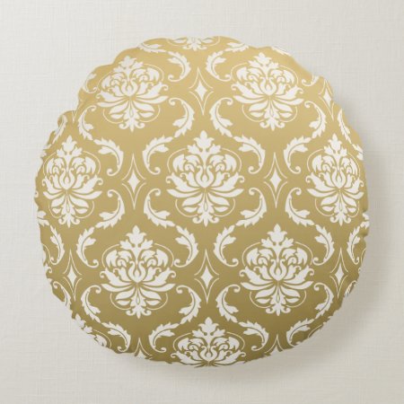 Gold And White Classic Damask Round Pillow
