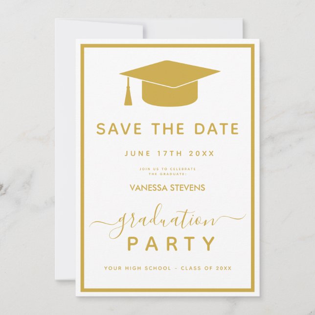 Gold And White Classic Graduation Save the Date Invitation (Front)