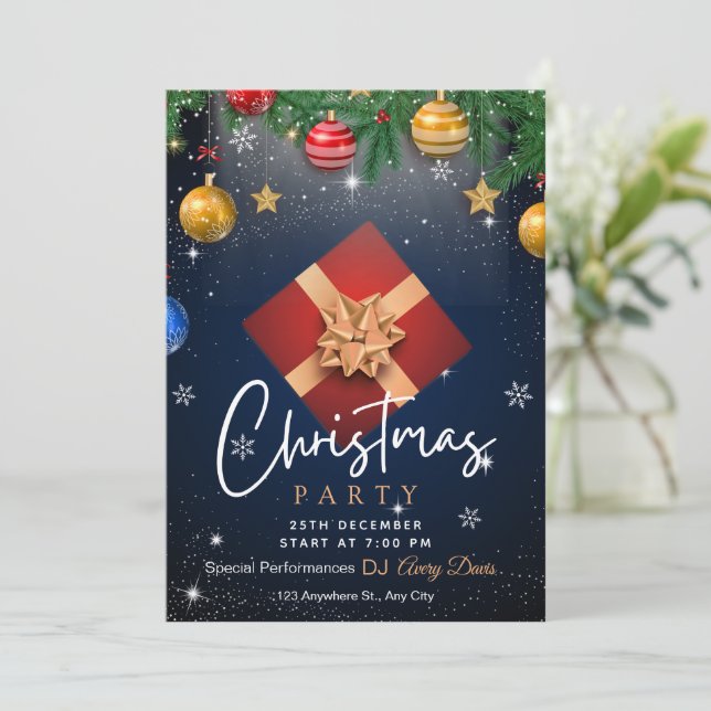 Gold and White Custom Branded Christmas Party Invitation (Standing Front)