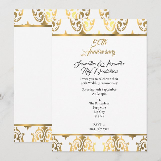 Gold and white damask 50th wedding anniversary invitation (Front/Back)