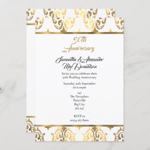 Gold and white damask 50th wedding anniversary invitation
