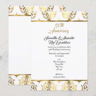 Gold and white damask 50th wedding anniversary invitation