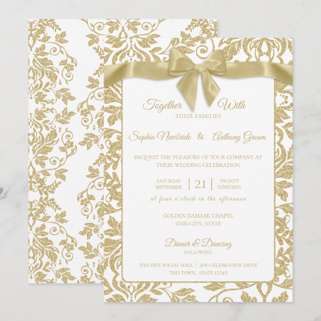Gold and White Damask and Bow Wedding Invitation (Front/Back)