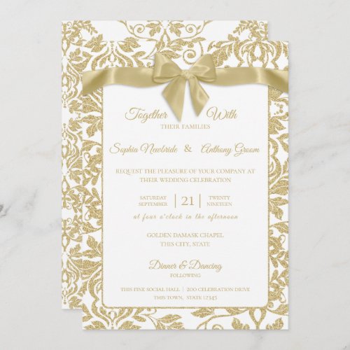 Gold and White Damask and Bow Wedding Invitation